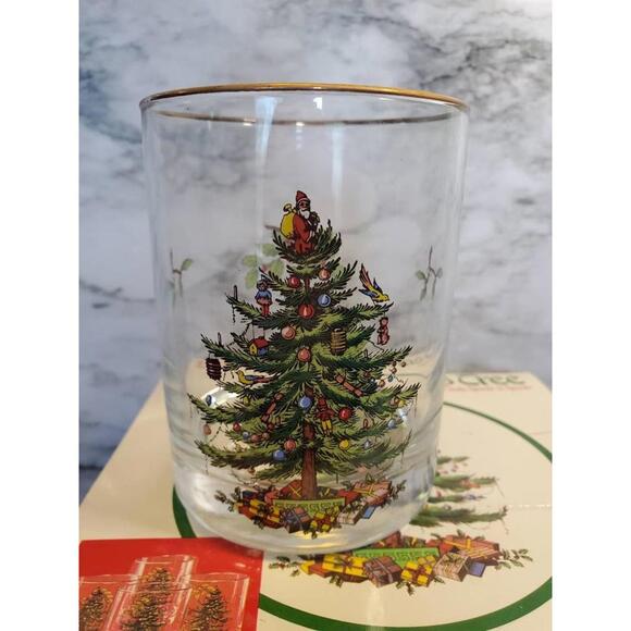 4 Spode Christmas tree four double old fashioned glasses, Mint in original Box - Picture 4 of 4